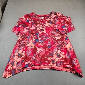 Denim & Co Red Floral Sharkbite Hem Tunic Top 3/4 Sleeve Plus Size 1X